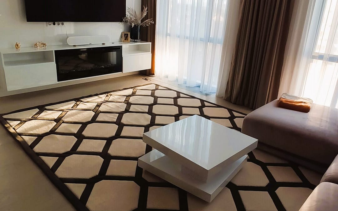 Geometric pattern rug in living room interior