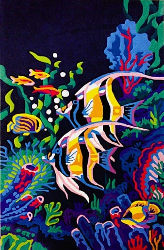 Vibrant handmade wool rug with tropical fish and coral reef design inspired by the Red Sea