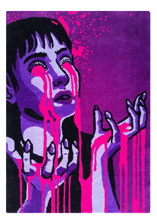 Artistic handmade rug depicting a woman with bloody tears
