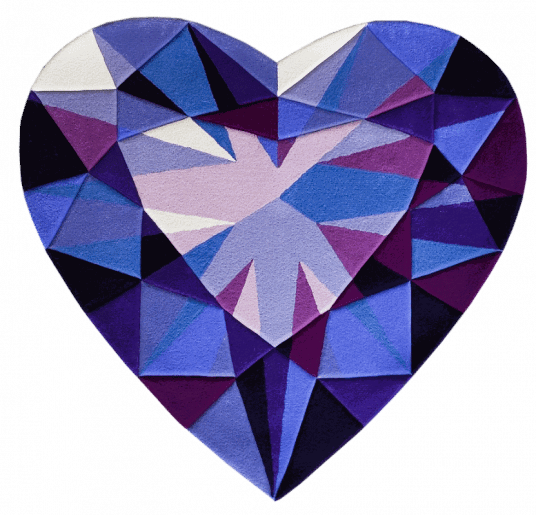 Handmade purple wool rug in heart shape inspired by amethyst gemstone