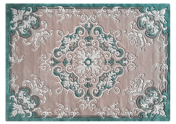 "Classic rectangular wool rug handcrafted in pastel green and beige by Carpet Studio"